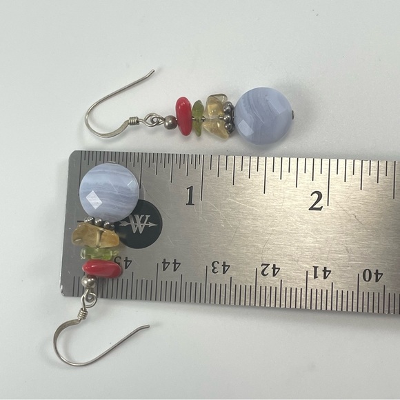 925 Sterling Silver Unsigned Artisan Blue Lace Agate Citrine Dangle Earrings